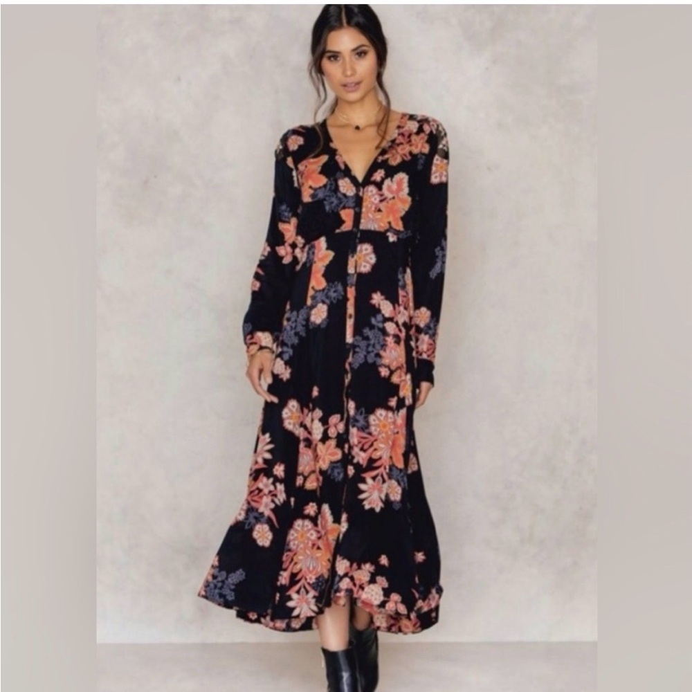 Free People Miranda Midi Dress Black Floral Button Up w/ Slit Sz 10